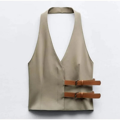 Seksi majica s V-izrezom, ženska majica bez rukava, dvostruki kožni pojasevi, bez rukava, ženske majice bez rukava 2024. proljeće ljeto Y2k High Street modna ženska košulja