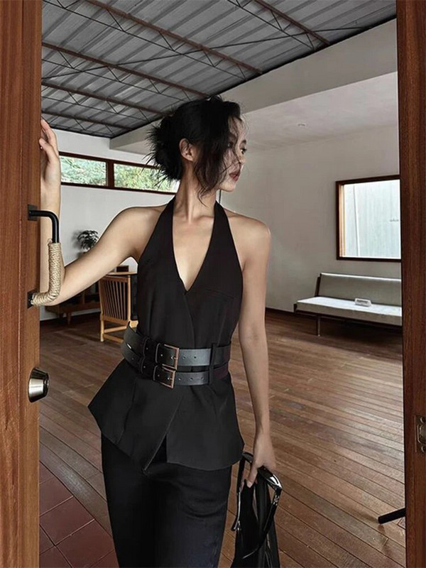 Seksi majica s V-izrezom, ženska majica bez rukava, dvostruki kožni pojasevi, bez rukava, ženske majice bez rukava 2024. proljeće ljeto Y2k High Street modna ženska košulja