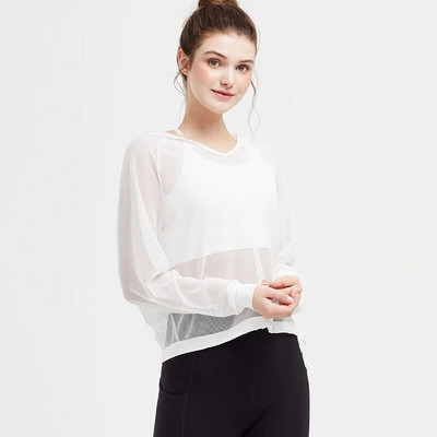 Prozirna mrežasta majica s kratkim rukavima za jogu Fitness ženska majica s kapuljačom dugih rukava Lagana majica za sunčanje za sport i vježbanje u teretani