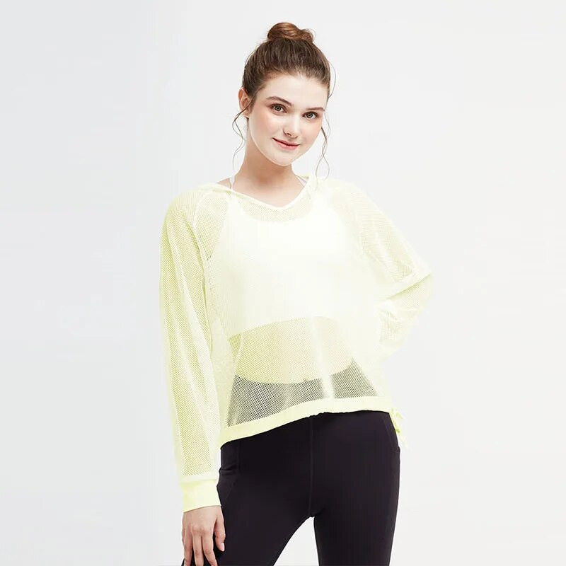 Prozirna mrežasta majica s kratkim rukavima za jogu Fitness ženska majica s kapuljačom dugih rukava Lagana majica za sunčanje za sport i vježbanje u teretani