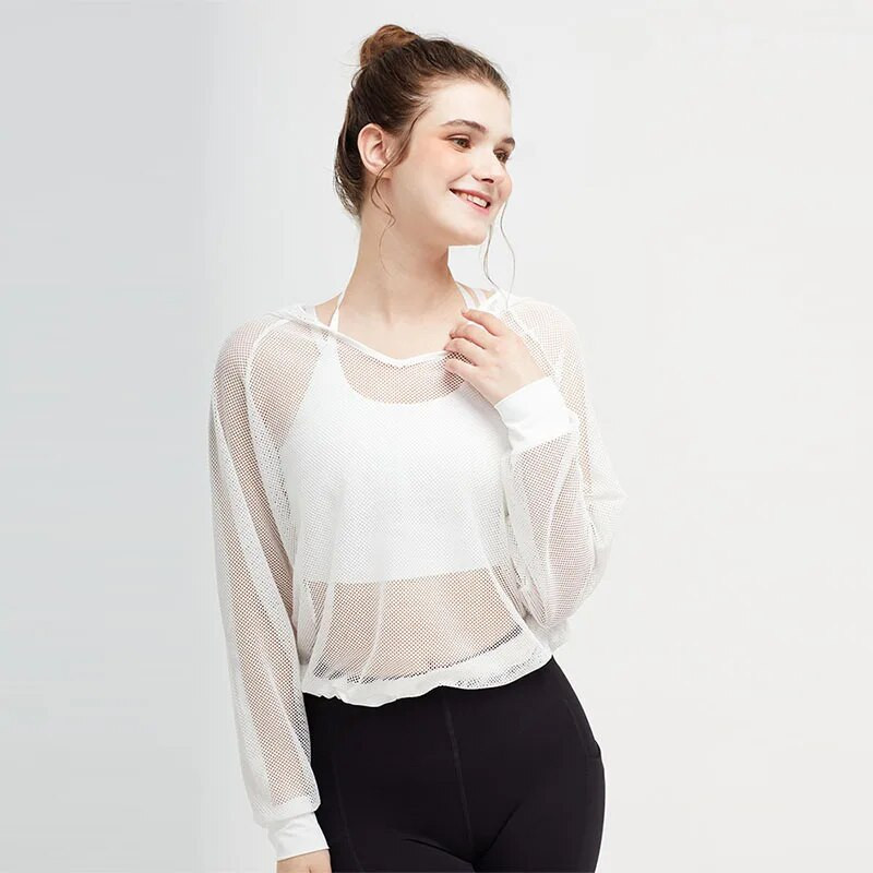 Prozirna mrežasta majica s kratkim rukavima za jogu Fitness ženska majica s kapuljačom dugih rukava Lagana majica za sunčanje za sport i vježbanje u teretani