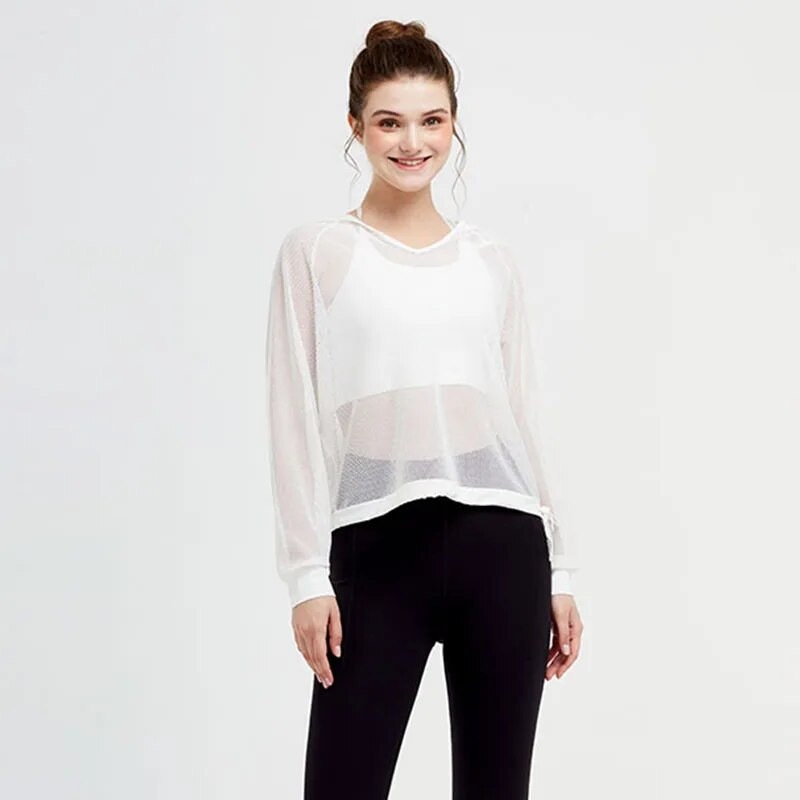 Prozirna mrežasta majica s kratkim rukavima za jogu Fitness ženska majica s kapuljačom dugih rukava Lagana majica za sunčanje za sport i vježbanje u teretani