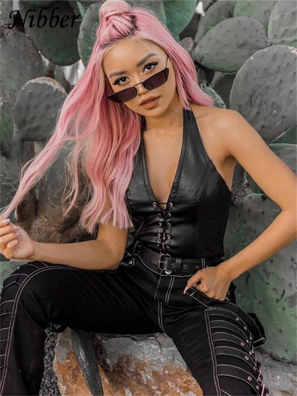 Nibber Sexy Punk Y2K fekete PU bőrből készült felső női hát nélküli camisole 2022 nyári mellény, divat klub viselet felsők