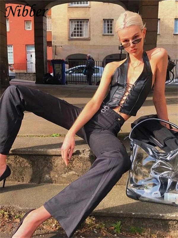 Nibber Sexy Punk Y2K fekete PU bőrből készült felső női hát nélküli camisole 2022 nyári mellény, divat klub viselet felsők