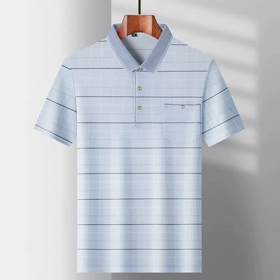 Nyári férfi rövid ujjú póló Flip gallérral csíkos zseb divat alkalmi póló lélegző rugalmasság izzadságelnyelő stílus