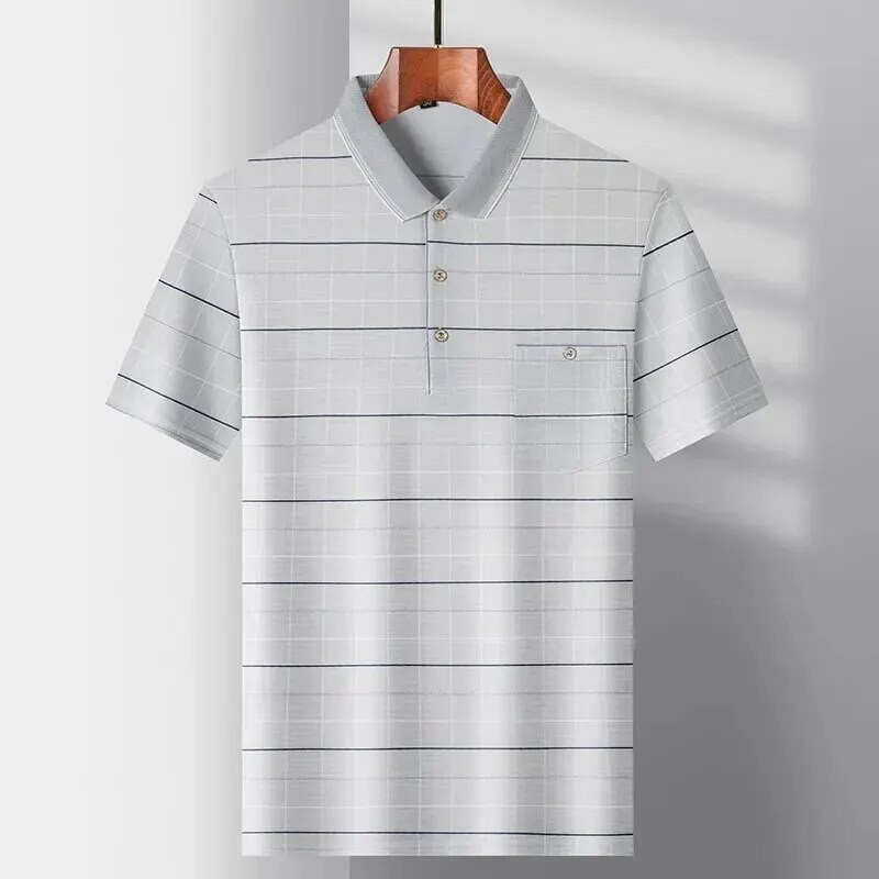 Nyári férfi rövid ujjú póló Flip gallérral csíkos zseb divat alkalmi póló lélegző rugalmasság izzadságelnyelő stílus
