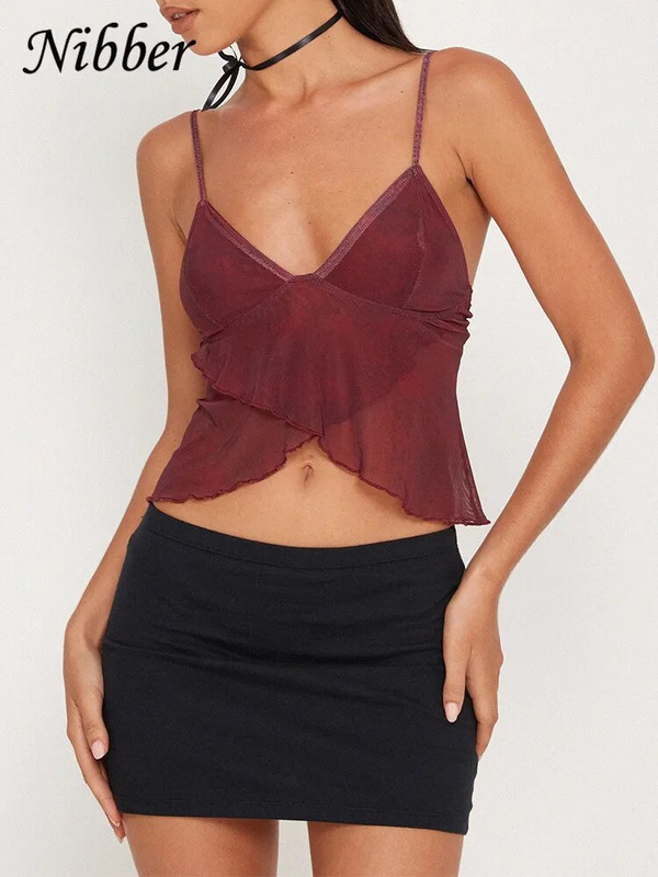 Nibber Mesh átlátszó nyomtatott mellény Női szexi alkalmi V-nyakú, ujjatlan nadrágtartó, patchwork patchwork utcai viselet