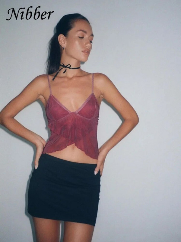 Nibber Mesh átlátszó nyomtatott mellény Női szexi alkalmi V-nyakú, ujjatlan nadrágtartó, patchwork patchwork utcai viselet