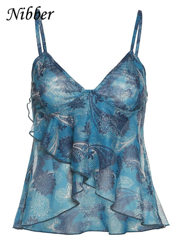 Nibber Mesh átlátszó nyomtatott mellény Női szexi alkalmi V-nyakú, ujjatlan nadrágtartó, patchwork patchwork utcai viselet