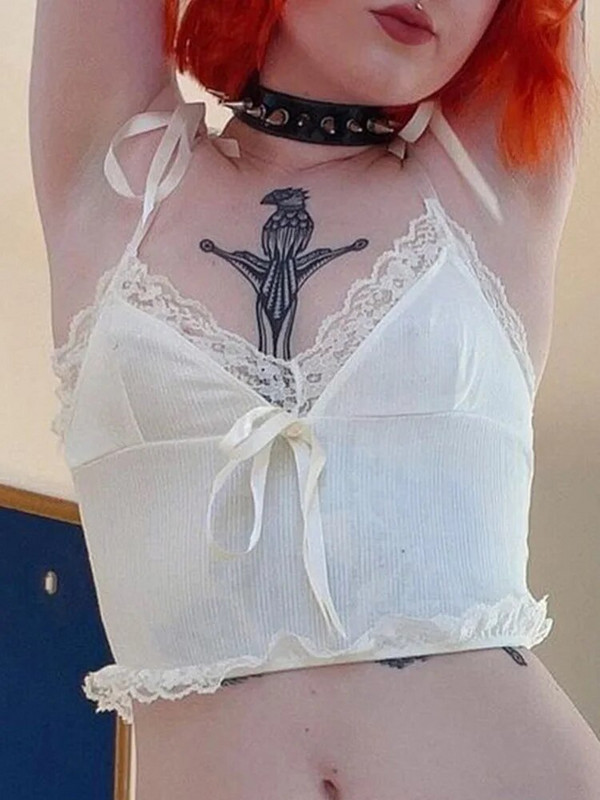 Csipke Trim Crop Top Esztétikus fehér masni aranyos édes mini mellény Kötött Basic Alkalmi póló Női Nyári Backless Beach