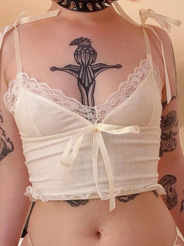 Csipke Trim Crop Top Esztétikus fehér masni aranyos édes mini mellény Kötött Basic Alkalmi póló Női Nyári Backless Beach