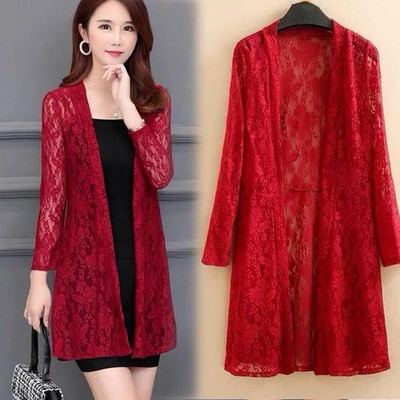 Suvine pitskardigan pikk õõnes päikesekaitsejope naiste vabaaja roosa must punane valge pikkade varrukatega õhuke mantel, naine Y932