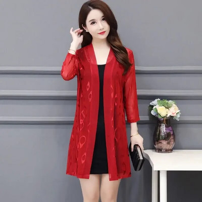 Suvine pitskardigan pikk õõnes päikesekaitsejope naiste vabaaja roosa must punane valge pikkade varrukatega õhuke mantel, naine Y932