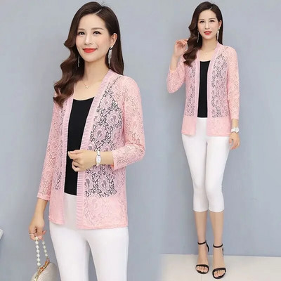 Suvine pitskardigan pikk õõnes päikesekaitsejope naiste vabaaja roosa must punane valge pikkade varrukatega õhuke mantel, naine Y932