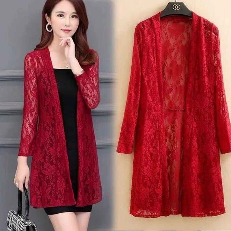 Suvine pitskardigan pikk õõnes päikesekaitsejope naiste vabaaja roosa must punane valge pikkade varrukatega õhuke mantel, naine Y932