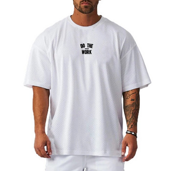 Извънгабаритна тениска Мъжка фитнес тениска с паднали рамена с къс ръкав Лятна голяма мрежеста секси широка фитнес облекло Баскетболна фланелка