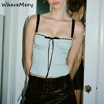 WhereMery Y2K Sexy Lace Bandage Slip Tank Top 2023 Квадратно деколте с открити рамене Patchwork Crop Tops Лятна дамска ваканционна тънка жилетка