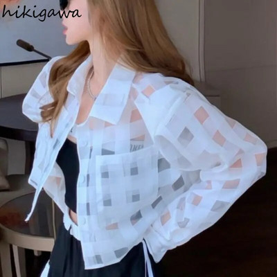 Модни ризи Слънцезащитно палто от органза Дамски дрехи Летни укорочени топове 2023 Ropa Mujer Ежедневни прозрачни секси Y2k якета