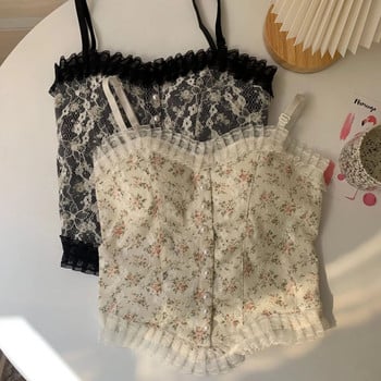Lace Flower Print Cami Crop Tank Tops Summer Camisole Γυναικείο τοπ Κομψό λεπτό κοντό τανκ Γιλέκο Sexy Y2k Pearl