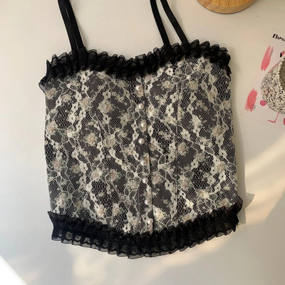 Crop majice bez rukava s čipkastim cvjetnim printom Ljetne majice bez rukava Ženska cijev majica Elegantne uske kratke majice bez rukava Seksi Y2K Pearl