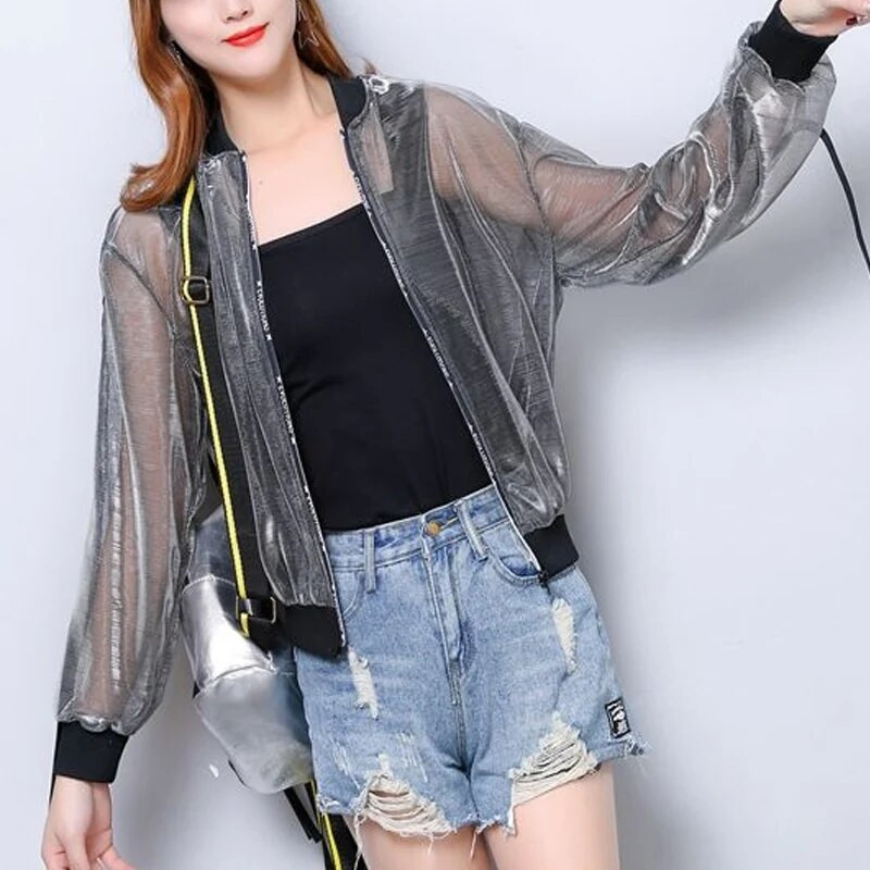 Ljetna odjeća za zaštitu od sunca dugih rukava Ženski tanki stil Jakna s patentnim zatvaračem od svijetle svile na navoje Ženska modna široka jakna za bejzbol