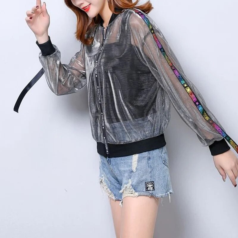 Ljetna odjeća za zaštitu od sunca dugih rukava Ženski tanki stil Jakna s patentnim zatvaračem od svijetle svile na navoje Ženska modna široka jakna za bejzbol