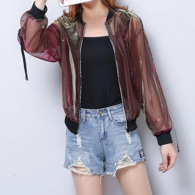 Ljetna odjeća za zaštitu od sunca dugih rukava Ženski tanki stil Jakna s patentnim zatvaračem od svijetle svile na navoje Ženska modna široka jakna za bejzbol