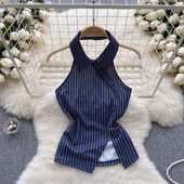 Elegáns női felsők, csíkos kötőfék, váll nélküli pántok Női lehajtható gallérral, alkalmi camis női koreai divat Dropship