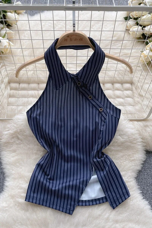 Elegáns női felsők, csíkos kötőfék, váll nélküli pántok Női lehajtható gallérral, alkalmi camis női koreai divat Dropship