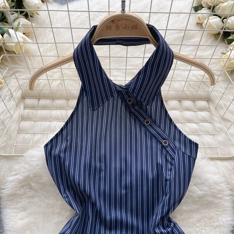 Elegáns női felsők, csíkos kötőfék, váll nélküli pántok Női lehajtható gallérral, alkalmi camis női koreai divat Dropship