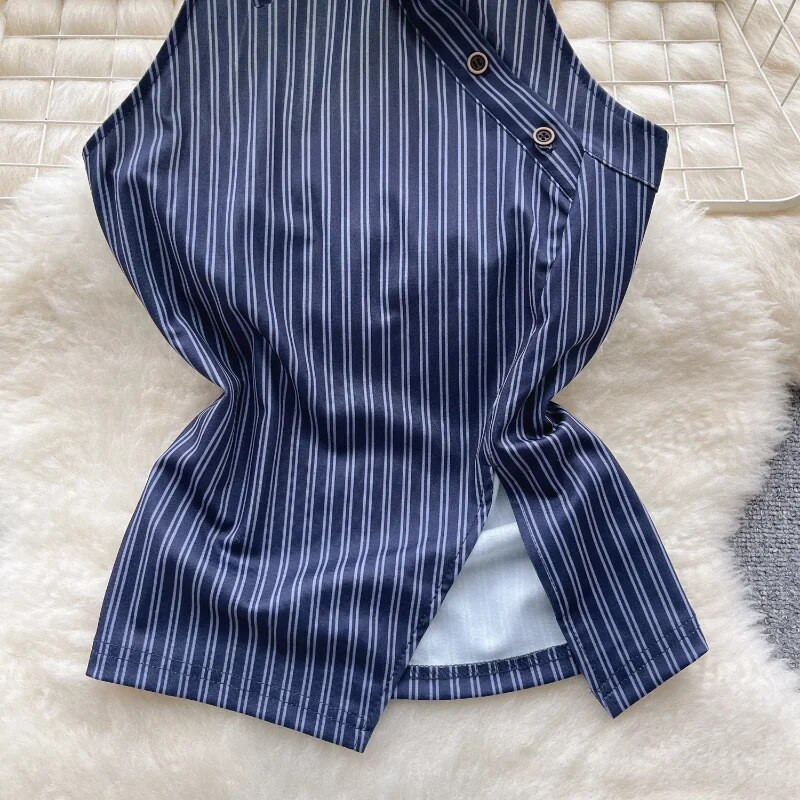 Elegáns női felsők, csíkos kötőfék, váll nélküli pántok Női lehajtható gallérral, alkalmi camis női koreai divat Dropship