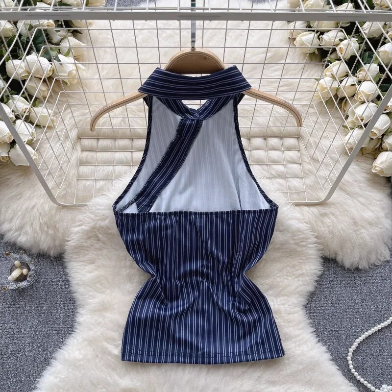Elegáns női felsők, csíkos kötőfék, váll nélküli pántok Női lehajtható gallérral, alkalmi camis női koreai divat Dropship
