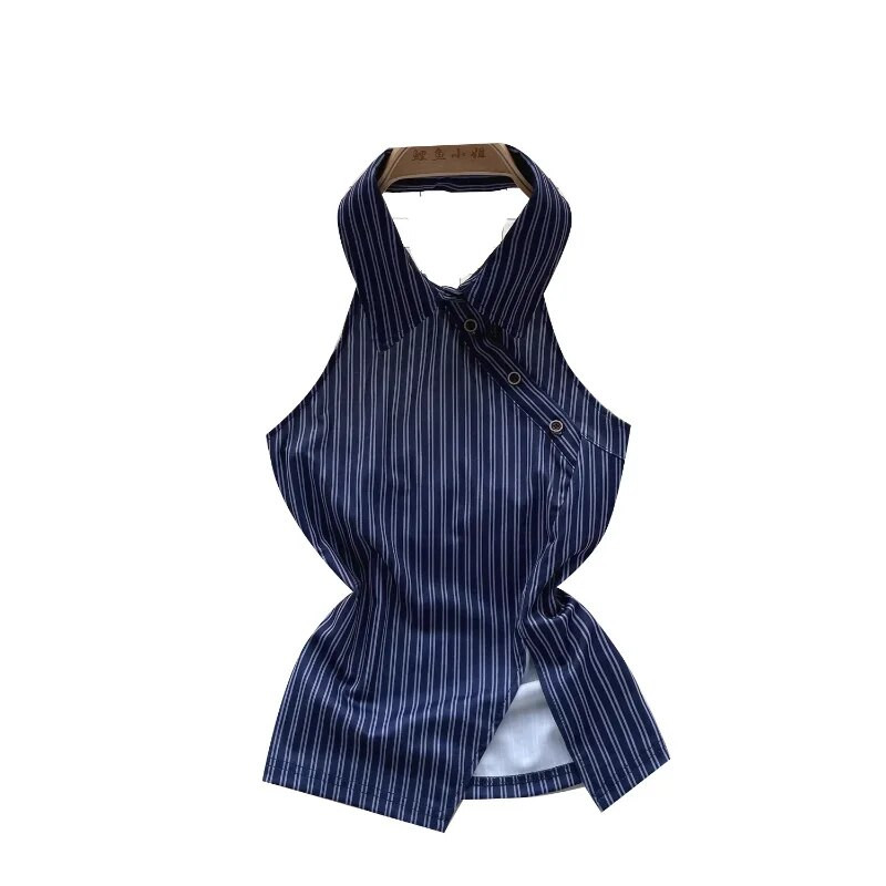 Elegáns női felsők, csíkos kötőfék, váll nélküli pántok Női lehajtható gallérral, alkalmi camis női koreai divat Dropship