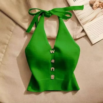 Γυναικεία καλοκαιρινά ρούχα Y2K Αμάνικα V λαιμόκοψη σέξι τανκς Camis Crop Top Vintage Cool Girl Knit Tank Κορεατική μόδα με κουμπιά
