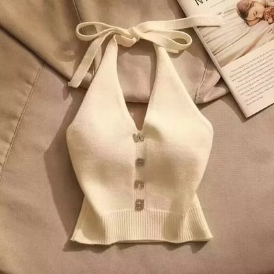 Ženska ljetna Y2K odjeća bez rukava s V izrezom Seksi majice bez rukava Crop Top Vintage Cool Girl Pletena majica s korejskom modom