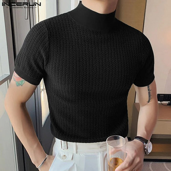 Ежедневни горнища в опростен стил INCERUN Мъжки тениски с къси ръкави за плетене Camiseta Стилни плътни тениски с половин висока яка и къс ръкав S-5XL 2023