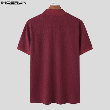 Ежедневни горнища в опростен стил INCERUN Мъжки тениски с къси ръкави за плетене Camiseta Стилни плътни тениски с половин висока яка и къс ръкав S-5XL 2023