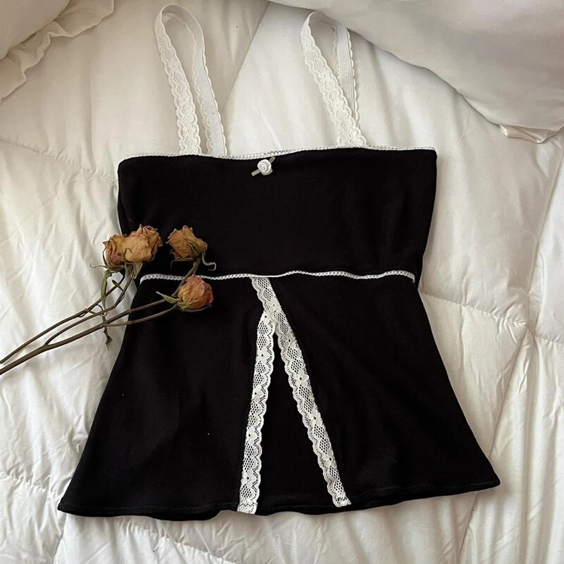 Y2K Vintage Milkmaid kratke majice bez leđa Ženski crni prsluk 2000-ih Retro čipkani ukrasi Split Camis Chic Fairycore Grunge odjeća