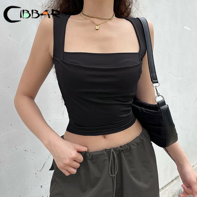 CIBBAR Solid Elegant Square Collar Crop Naiste varrukateta kõhnad mantlid Tavalised vabaaja naiste vest Harajuku Y2k Vintage särgid
