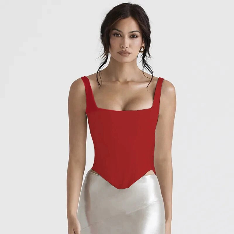 Ženski kratki prsluk s halterima s četvrtastim izrezom i rastezljivim zavojima, uski gornji dio