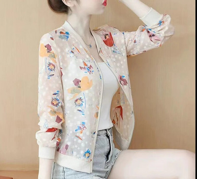 Καλοκαιρινό σιφόν στάμπα Γυναικείο μακρυμάνικο φαρδύ Bomber Γυναικείο μπλουζάκι Γυναικεία αναπνεύσιμα ρούχα X180