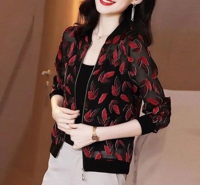 Καλοκαιρινό σιφόν στάμπα Γυναικείο μακρυμάνικο φαρδύ Bomber Γυναικείο μπλουζάκι Γυναικεία αναπνεύσιμα ρούχα X180