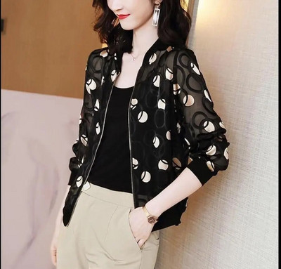 Καλοκαιρινό σιφόν στάμπα Γυναικείο μακρυμάνικο φαρδύ Bomber Γυναικείο μπλουζάκι Γυναικεία αναπνεύσιμα ρούχα X180