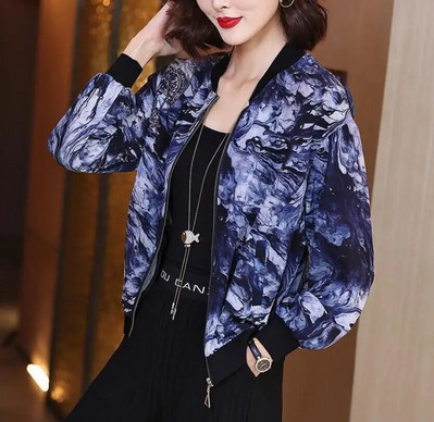 Καλοκαιρινό σιφόν στάμπα Γυναικείο μακρυμάνικο φαρδύ Bomber Γυναικείο μπλουζάκι Γυναικεία αναπνεύσιμα ρούχα X180