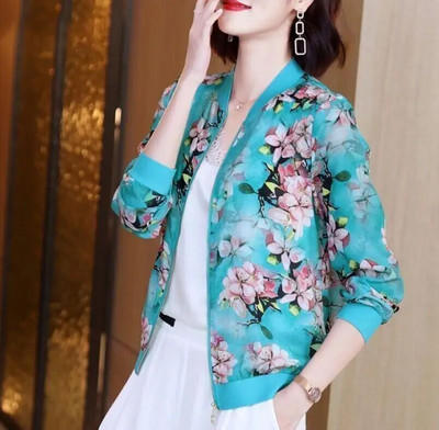 Καλοκαιρινό σιφόν στάμπα Γυναικείο μακρυμάνικο φαρδύ Bomber Γυναικείο μπλουζάκι Γυναικεία αναπνεύσιμα ρούχα X180