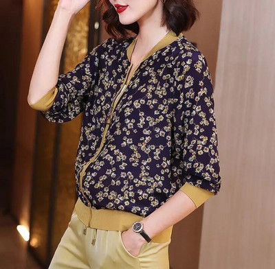 Καλοκαιρινό σιφόν στάμπα Γυναικείο μακρυμάνικο φαρδύ Bomber Γυναικείο μπλουζάκι Γυναικεία αναπνεύσιμα ρούχα X180