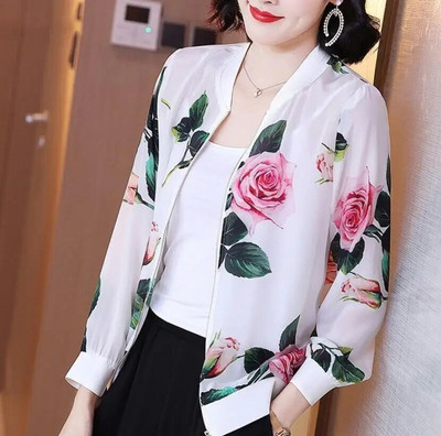 Καλοκαιρινό σιφόν στάμπα Γυναικείο μακρυμάνικο φαρδύ Bomber Γυναικείο μπλουζάκι Γυναικεία αναπνεύσιμα ρούχα X180