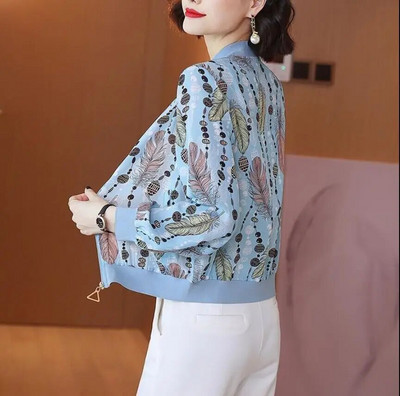 Καλοκαιρινό σιφόν στάμπα Γυναικείο μακρυμάνικο φαρδύ Bomber Γυναικείο μπλουζάκι Γυναικεία αναπνεύσιμα ρούχα X180