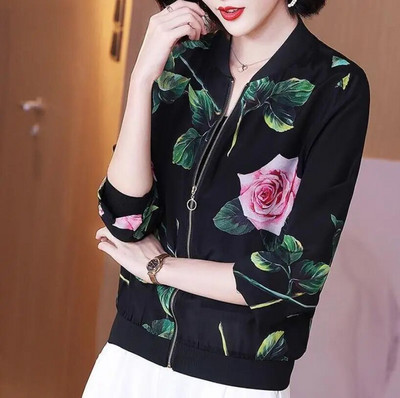 Καλοκαιρινό σιφόν στάμπα Γυναικείο μακρυμάνικο φαρδύ Bomber Γυναικείο μπλουζάκι Γυναικεία αναπνεύσιμα ρούχα X180