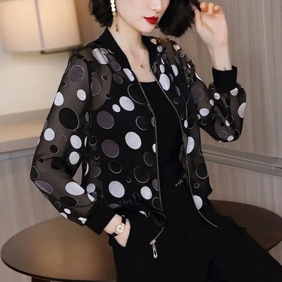 Καλοκαιρινό σιφόν στάμπα Γυναικείο μακρυμάνικο φαρδύ Bomber Γυναικείο μπλουζάκι Γυναικεία αναπνεύσιμα ρούχα X180